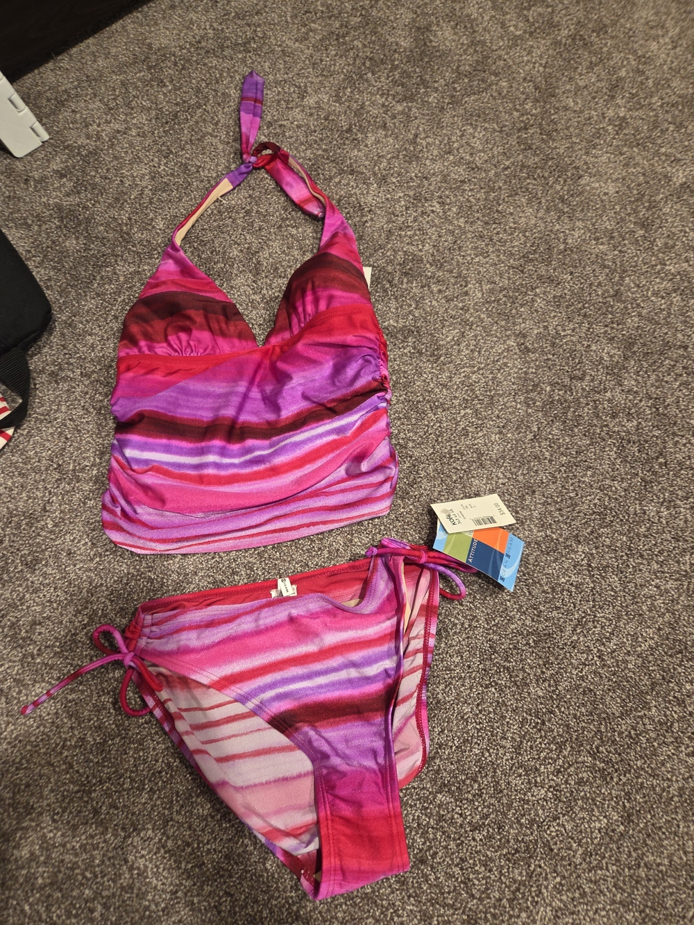 Ocean Dreams Pink and Purple Striped Halter Tankini Bikini Womens Size 12 NWT